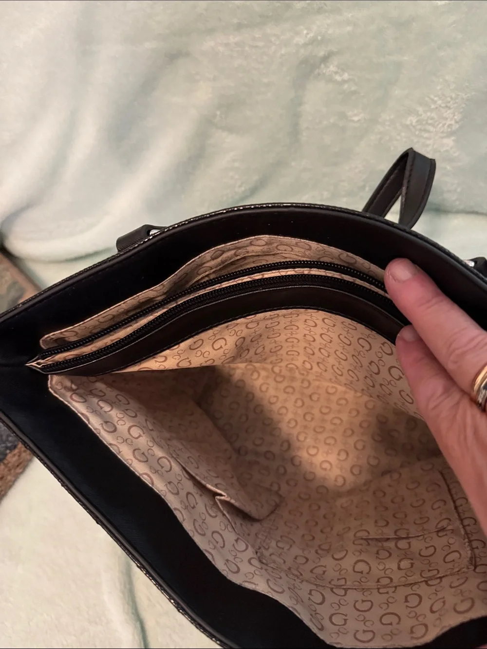 Guess Black Quilted Logo Patent Tote
